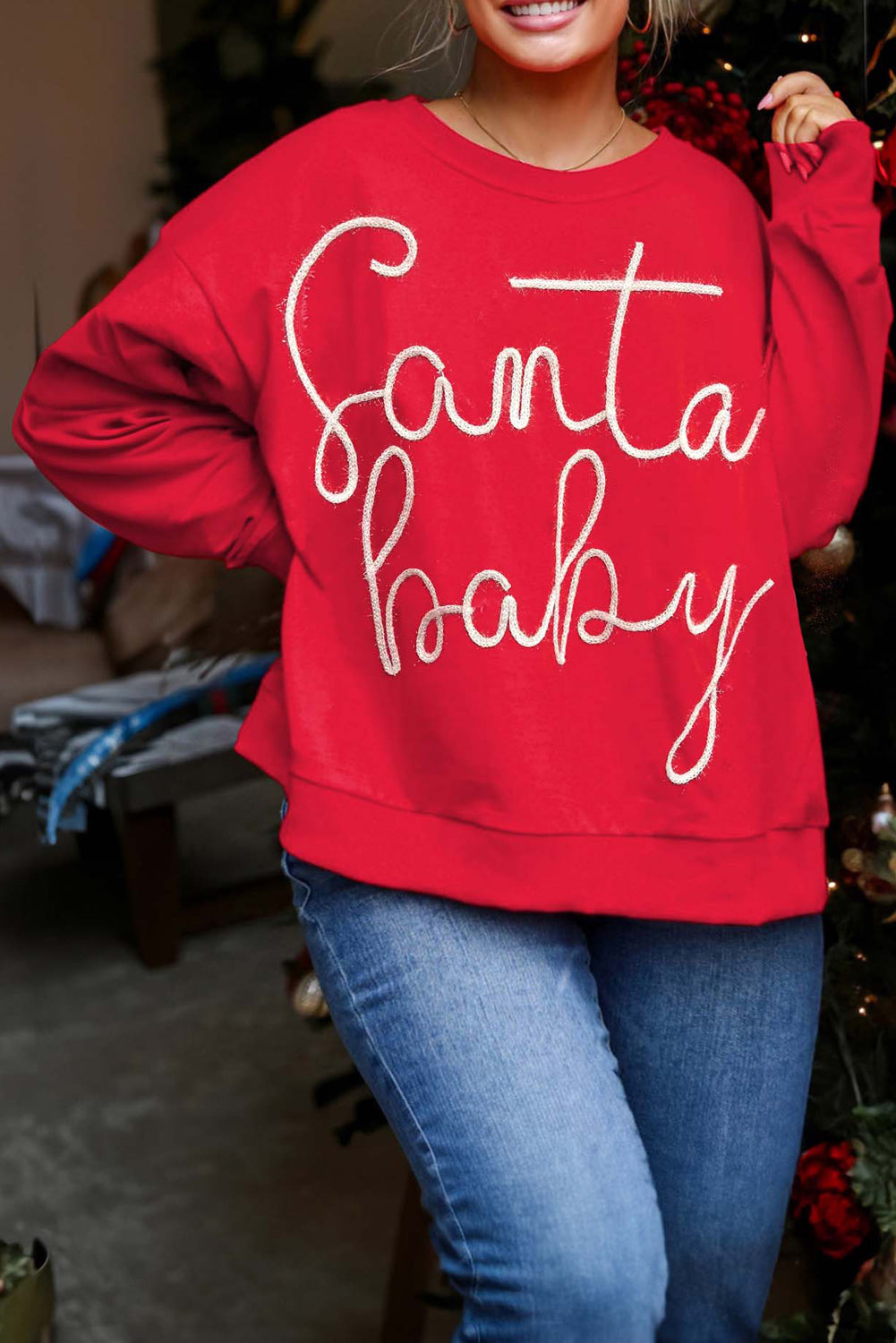 Fiery Red - Plus Size Baby Santa Garland Crewneck Sweatshirt