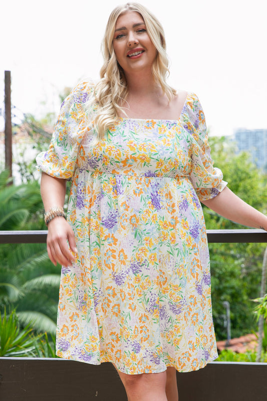 Robe Babydoll Multicolore à Manches Bulles et à Volants Imprimé Floral de Grande Taille