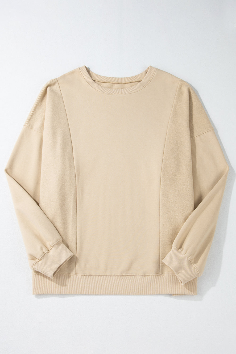 Plus Size Loose Crew Neck Patchwork Sweatshirt Apricot