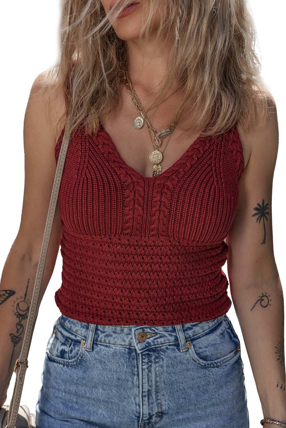 SLIM CUT SHOTE VELEC TO V -neck in twisted knitting bordeaux pointelle