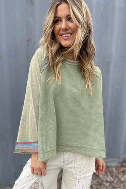 Haut raglan patchwork à manches larges en tricot gaufré vert Meadow Mist