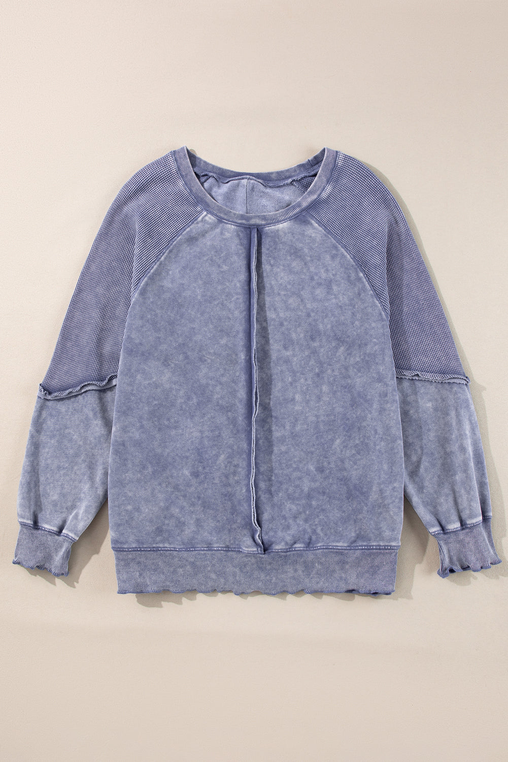 Sweat-shirt patchwork à manches raglan en tricot gaufré uni bleu voile