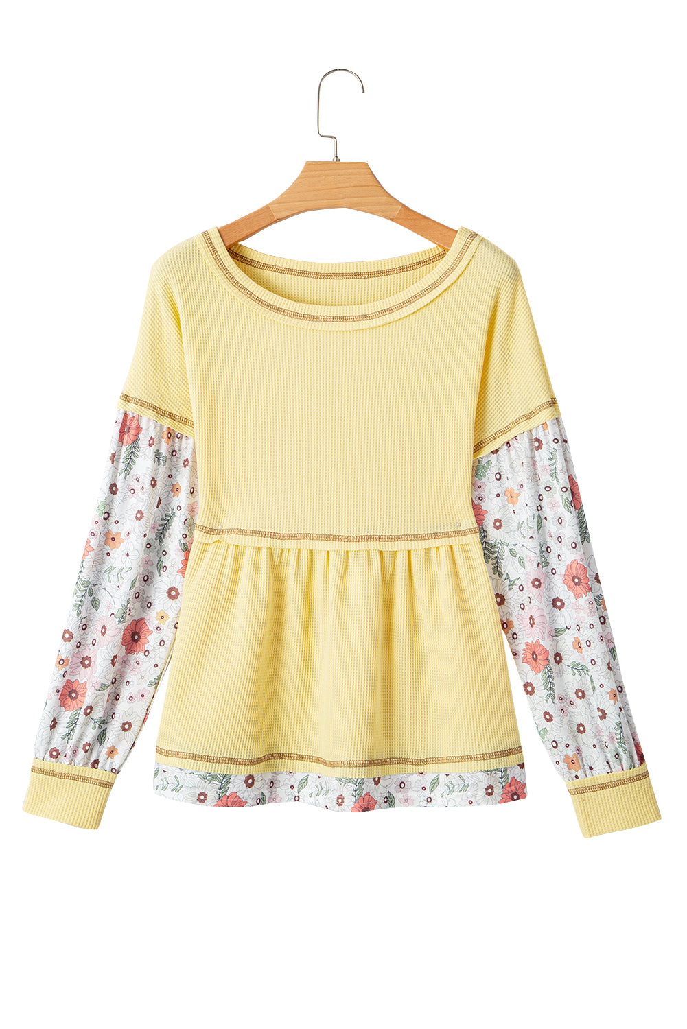 Blouse babydoll jaune en tricot gaufré à motif floral et patchwork