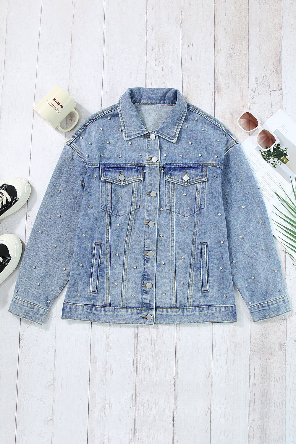 Mist Blue Rignestones Veste en jean clouté