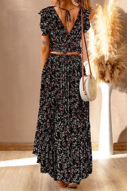 Trust high with black multicolored floral ruffles and long skirt