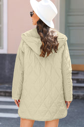 Beige quilted hooded coat with press buttons