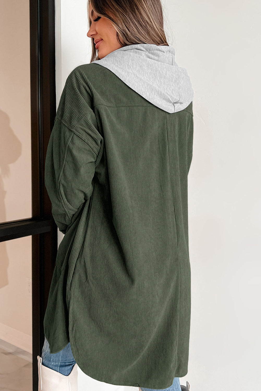 Surprised hooded jacket in ribbed velvet contrast jungle