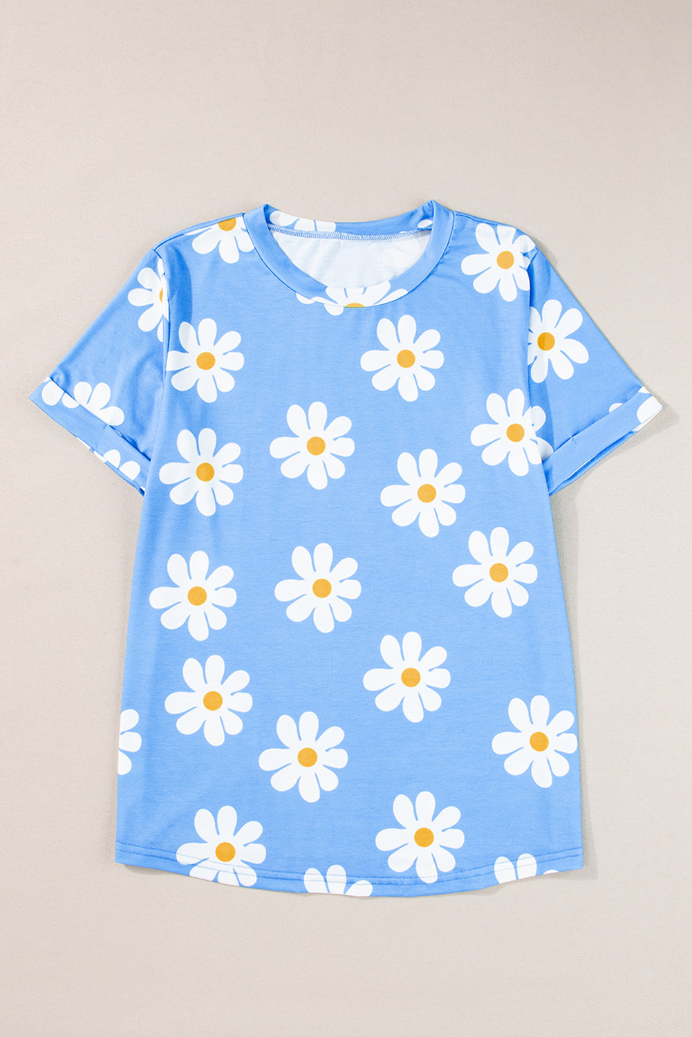 T-shirt à col rond imprimé marguerite bleu ciel