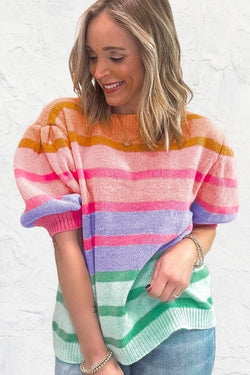 Short sleeve sweater with pink red colored stripes