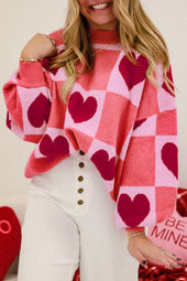 Plus Size Pink Love Heart Block Lantern Sleeve Mock Neck Valentine's Day Sweater