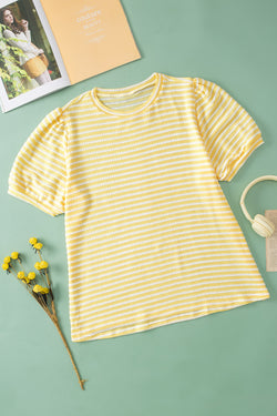 Yellow sweater with stripes and short puffy sleeves, large size