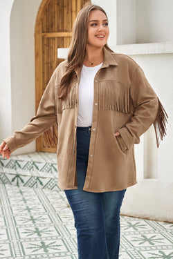 Khaki Suede Jacket with Fringe Trim, Plus Size