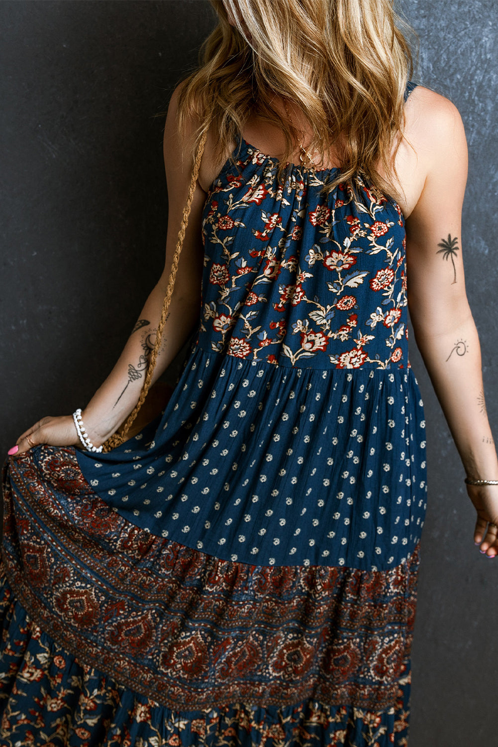 Blue Boho Floral Splicing Sleeveless Dress