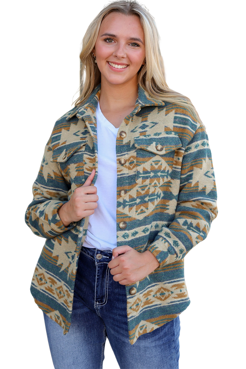 Chaqueta azul con bolsillo con solapa y botones con estampado azteca occidental