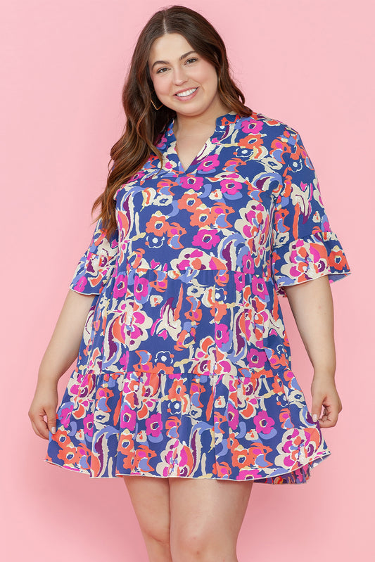 Blu Plus size Floral Print Flouffled 3/4 Maniche Mini abito