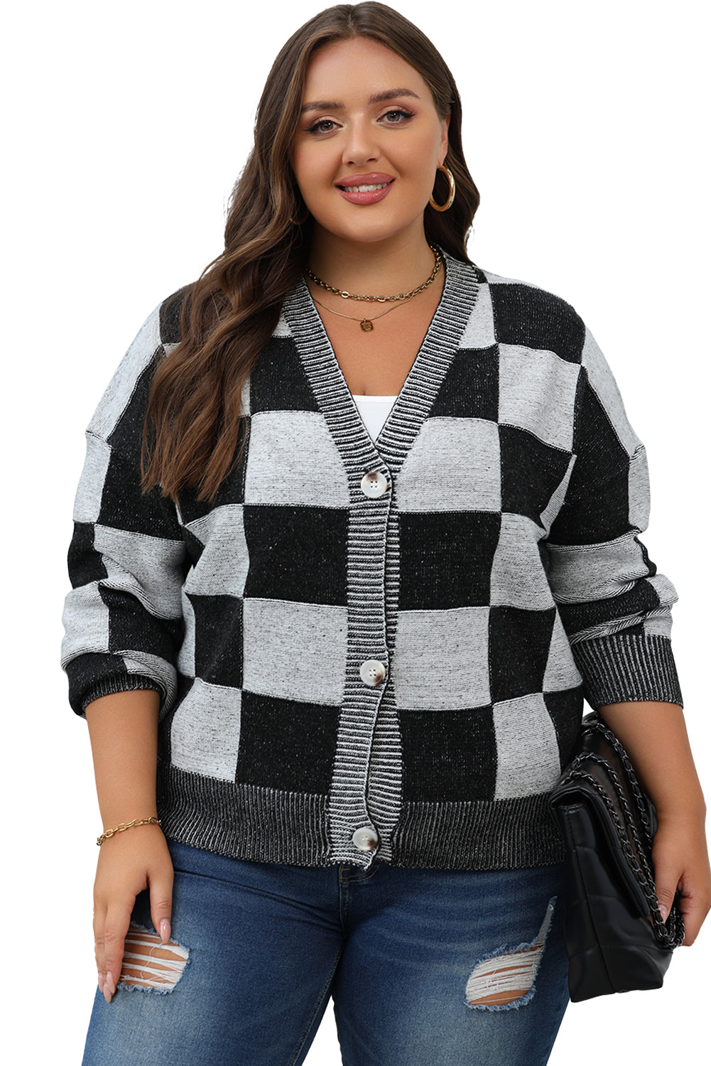 Cardigan noir à carreaux et épaules tombantes boutonné à col en V-A WOMAN WE LOVE