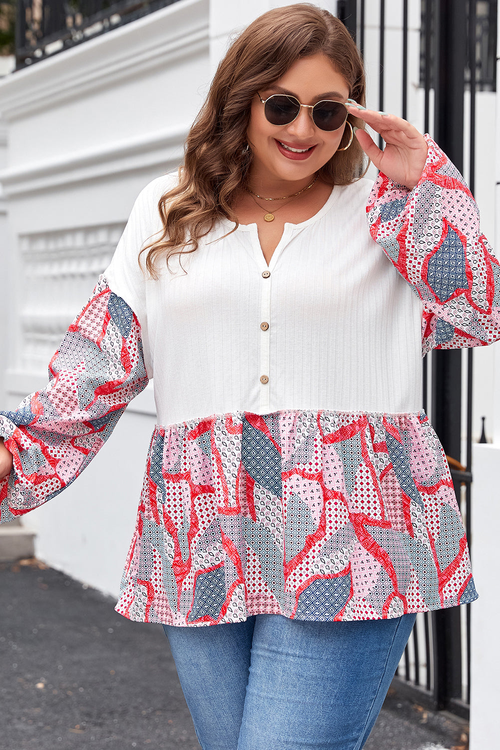 Plus Size Apricot Patchwork Print Textured Button Down Blouse