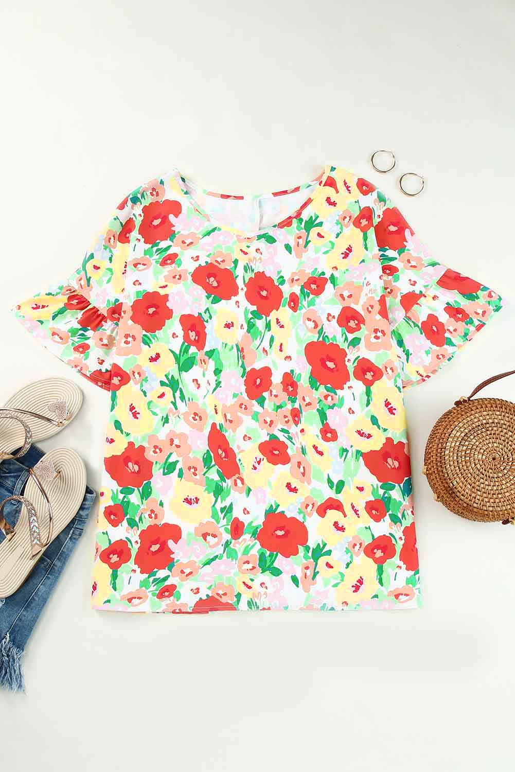 Fiery Red Floral Print Ruffled Short Sleeve V Neck Blouse