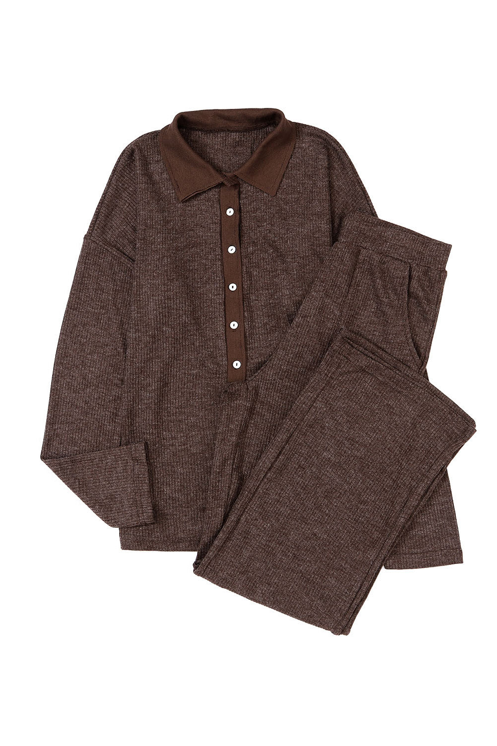 Brown Caned Caned Collared Henley Top and Pants Lounge