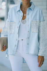 Veste en jean léopard contrastée bleu ciel