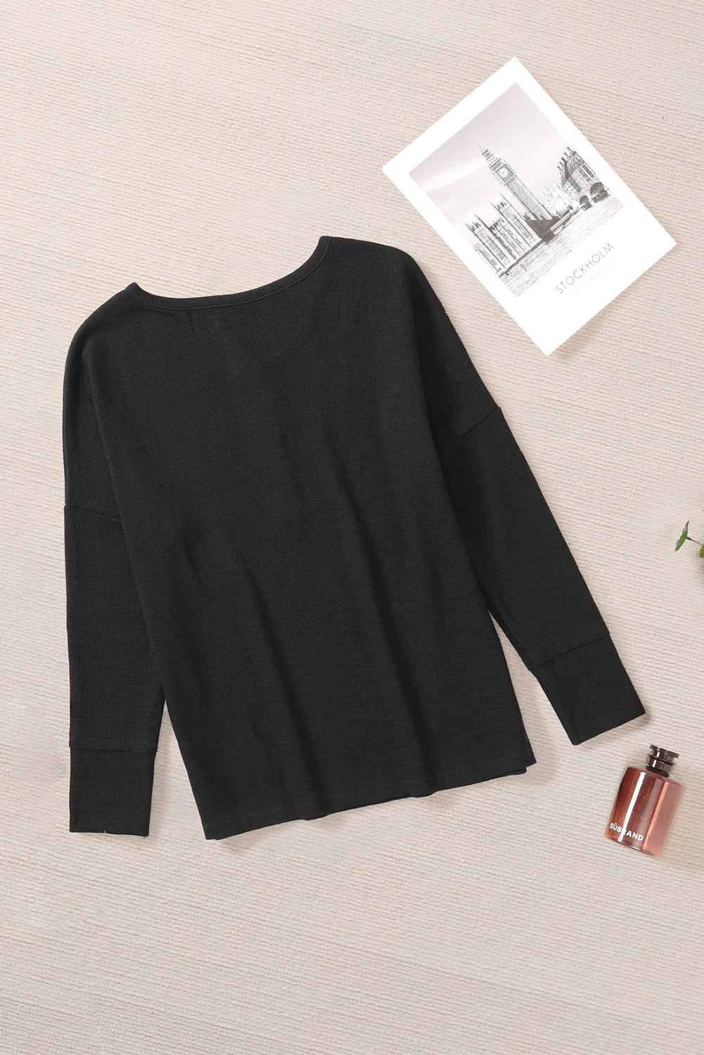 Black Waffle Knit Henley Top