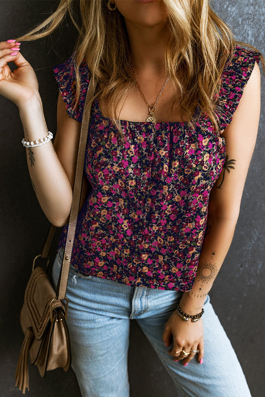 Top sin mangas con estampado floral y tirantes con volantes de estilo boho rosa