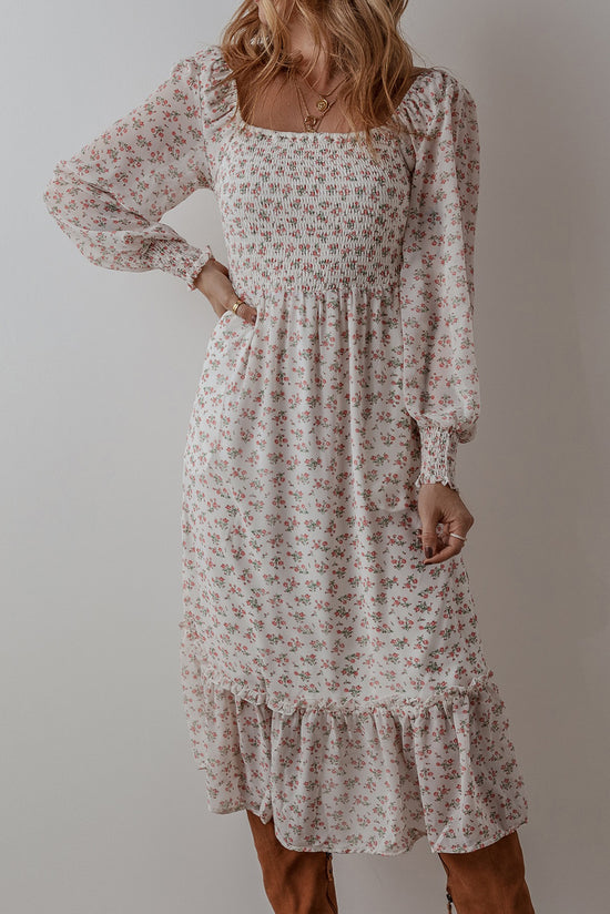 White floral print midi dress with ruffled hem and square neck