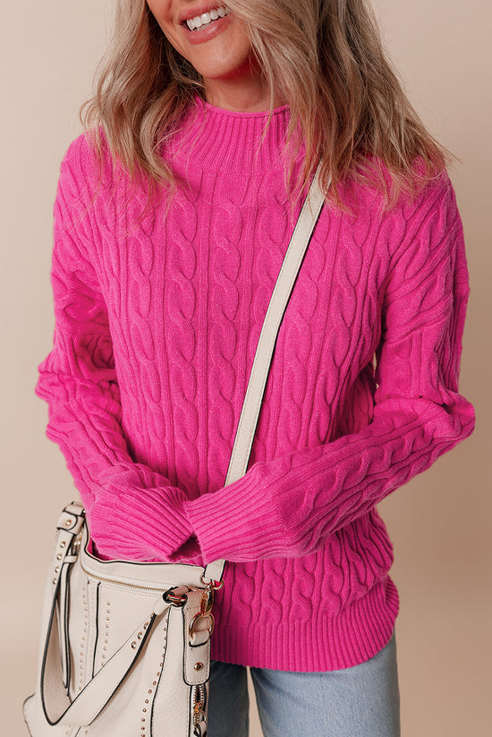 Solid Red Pink Cable Knit Drop Shoulder High Neck Sweater