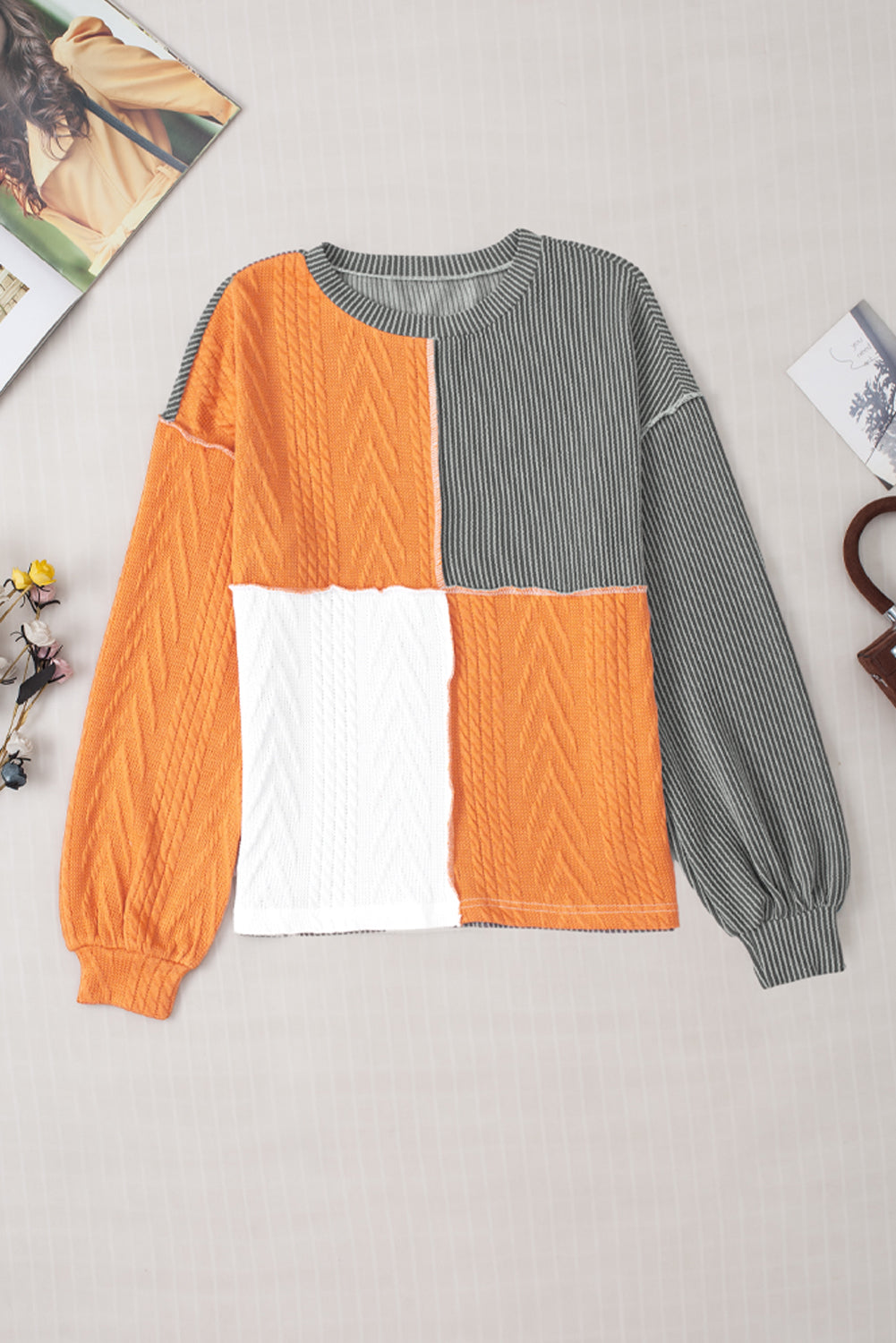 Grapefruit Orange Mixed Texture Color Block Long Sleeve Top