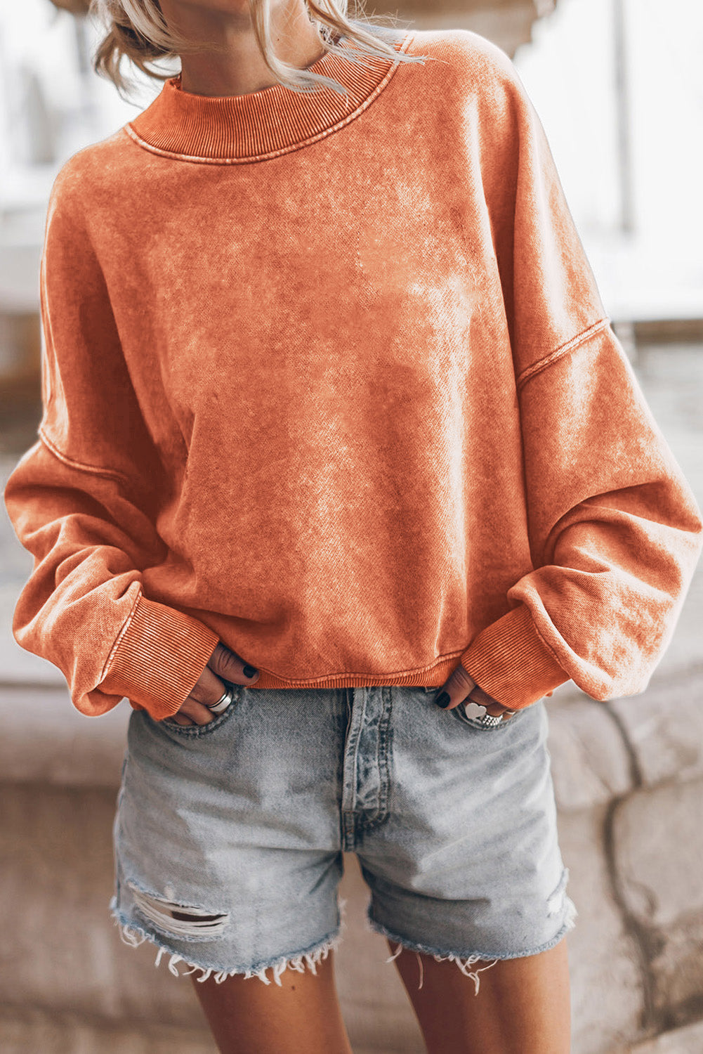 Orange Drop Schulter -Crew -Nackenpullover Sweatshirt