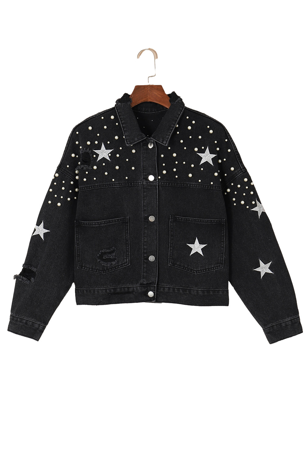 Veste en jean courte noire effet vieilli avec perles et étoiles