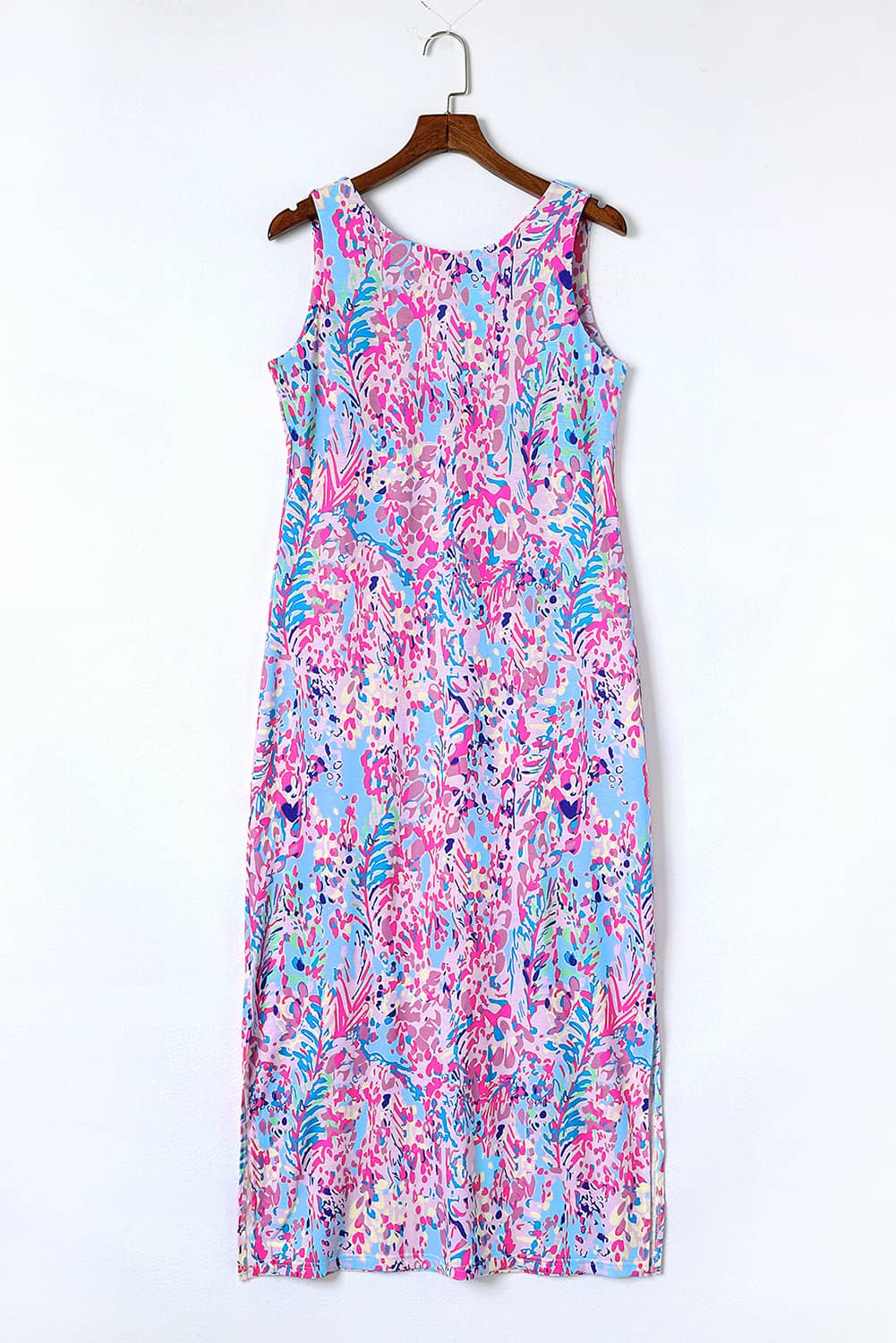 Robe longue sans manches à imprimé floral abstrait violet