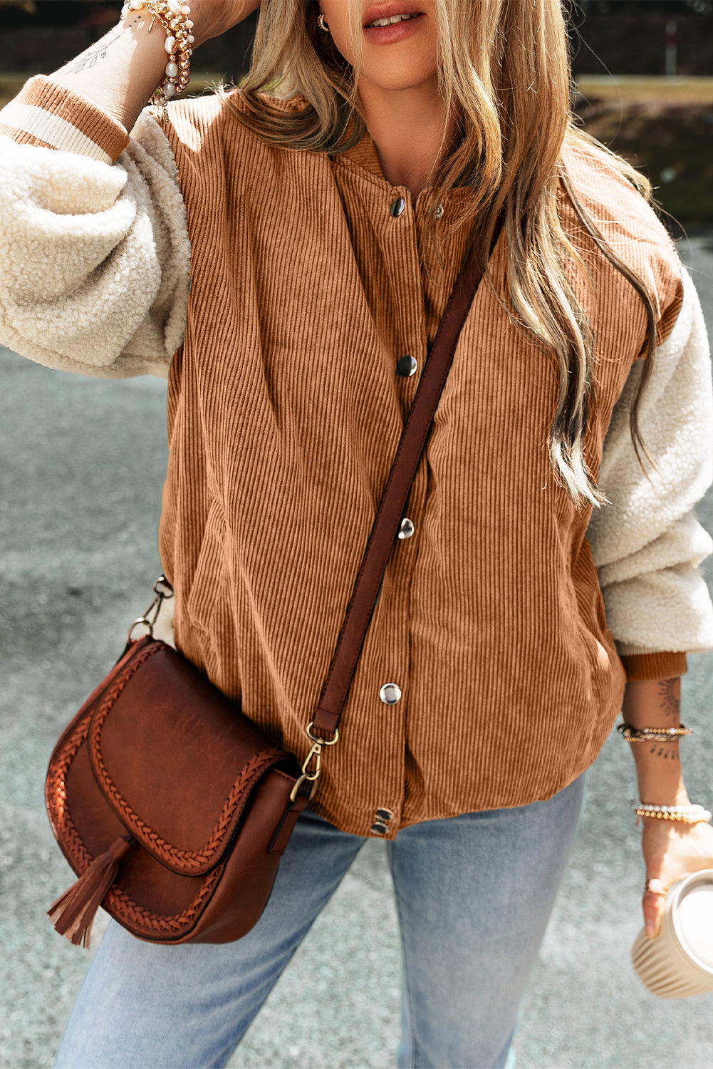 Blouson aviateur boutonné en velours côtelé et polaire patchwork-A WOMAN WE LOVE