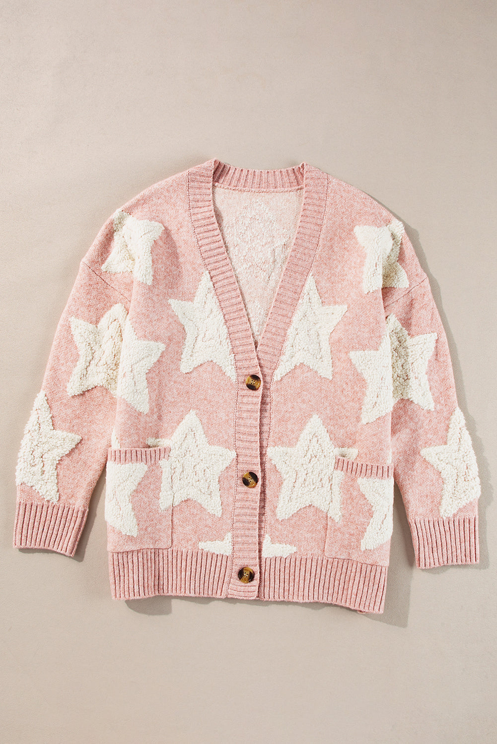 Cardigan pull texturé à motif étoile Sherpa rose avec poches