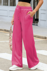 Red Rose - Terry Knit Sweatpants with Drawstring and Smocked Waist, Wide Leg