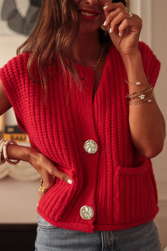 Buried -style buttoned knitted shot sweater with ardent red with side pockets