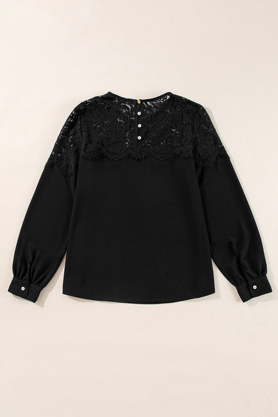 Black long sleeve crochet lace crew neck top