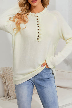 Beige Ruffled Buttoned Knit Sweater