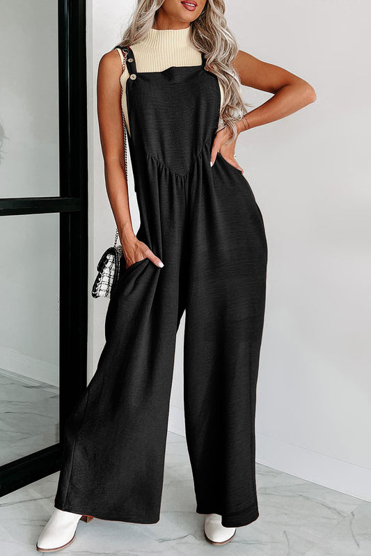 Black Textured Jumpsuit with Buttoned Straps and Ruched Wide Legs