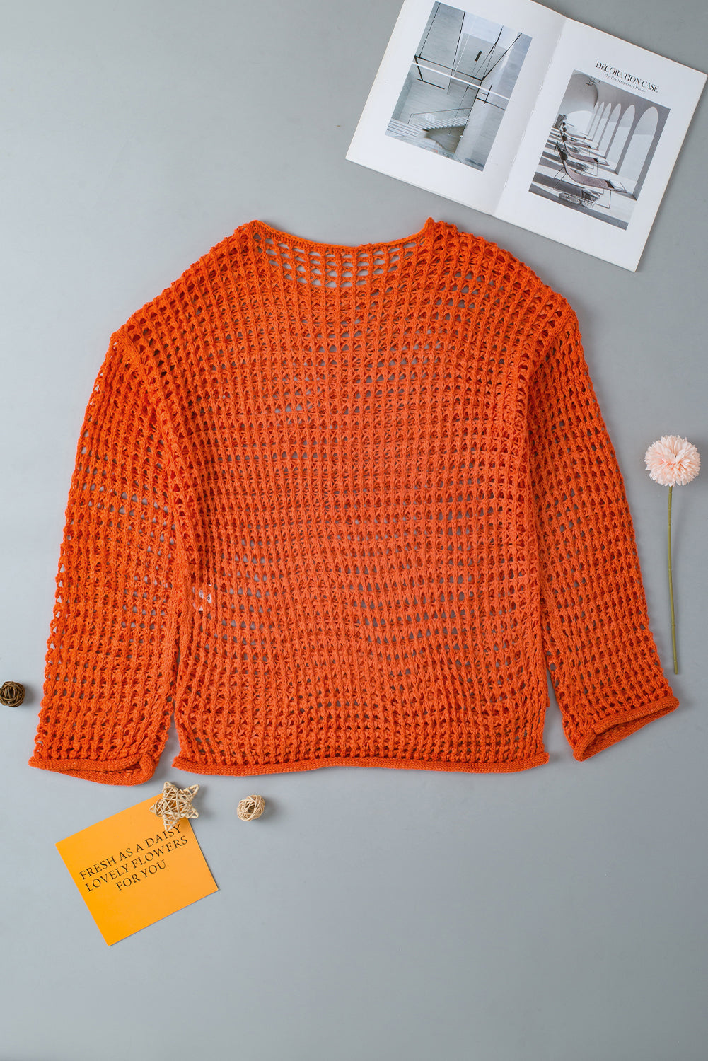 Sweater de túnica de manga de campana de crochet de punto de punto abierto de color naranja