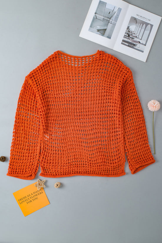 Pull tunique orange à manches cloche en tricot ouvert au crochet