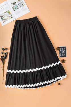 Long black high waist skirt with Ricrac and Color Block edges