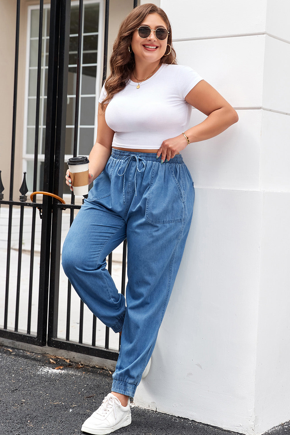 Dusk Blue Denim Jogger Pants with Waist Pockets and Oversized Drawstring