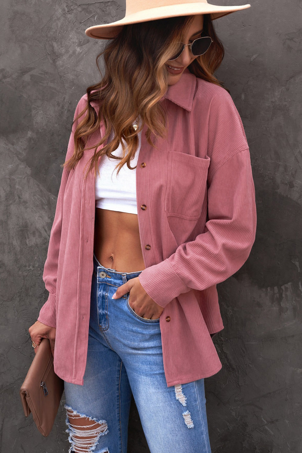 Chemise de poche à bouton en velours rose