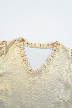 Golden babydoll blouse with ruffles and puffing sleeve collar *