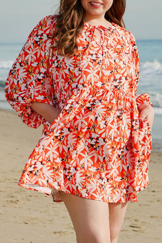 Robe mi-longue orange à imprimé floral, grande taille *