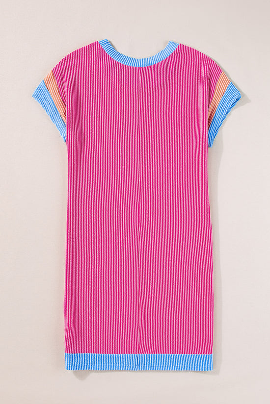 Red Pink Textured Color Block Edge Patch Pocket T-Shirt Dress