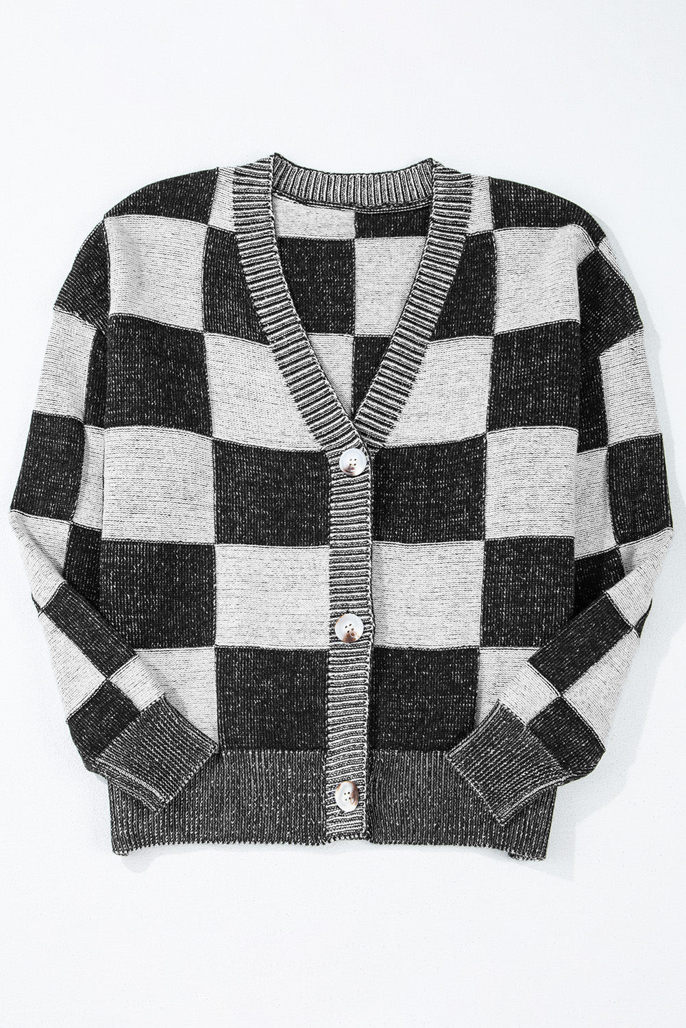 Cardigan noir à carreaux et épaules tombantes boutonné à col en V-A WOMAN WE LOVE