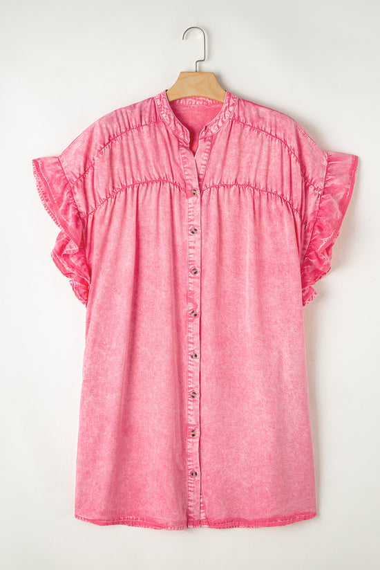 Pink Ruffle Short Sleeve Button Up Denim Mini Dress