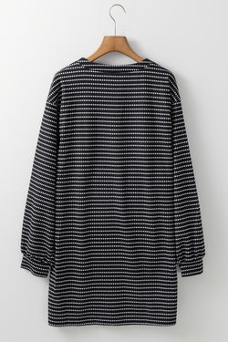 Black striped straight dress with V -neck and long puffing sleeves